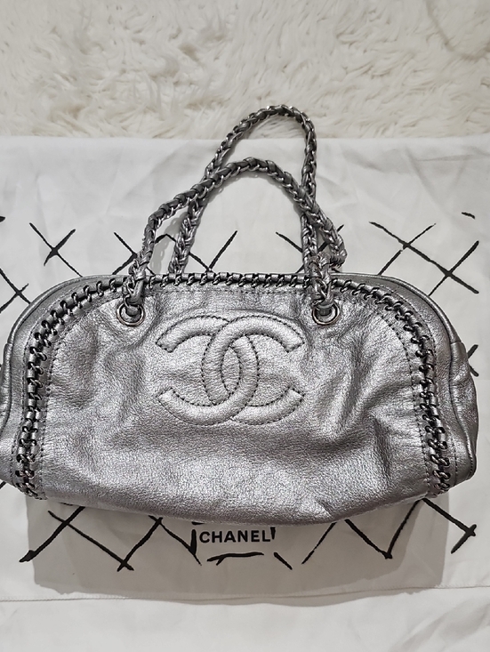 CHANEL Handbags - CHANEL Silver Bowling Bag Leather Chain-Handle Shoulder Bag